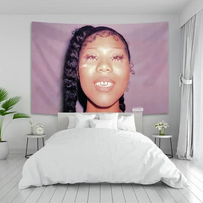 Purple savage tapestry pop wall tapestry featuring sza album cover with braided hair and glittery makeup bedroom decor
