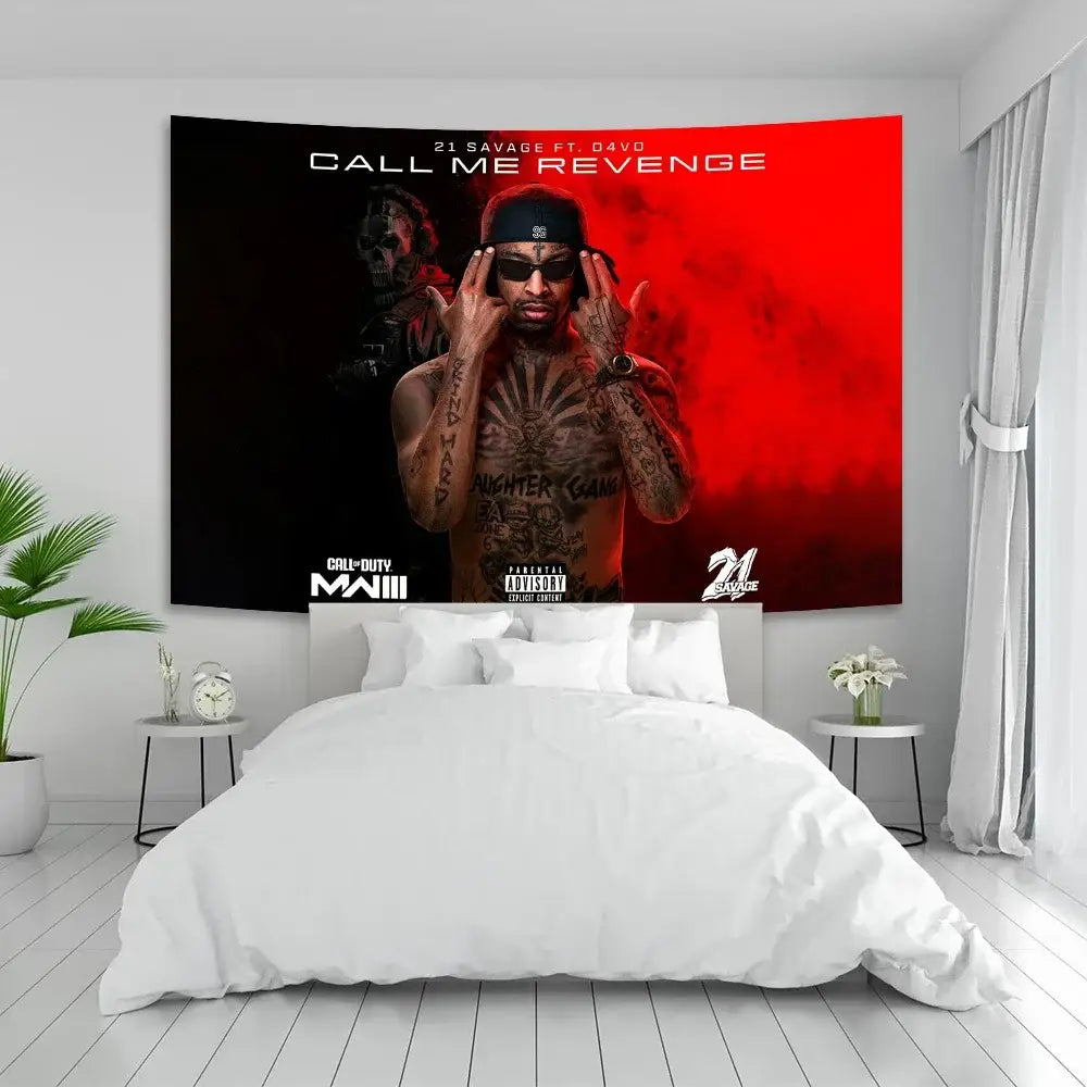 A vibrant red and black savage tapestry pop featuring 21 savage from call me revenge album cover for bedroom decor