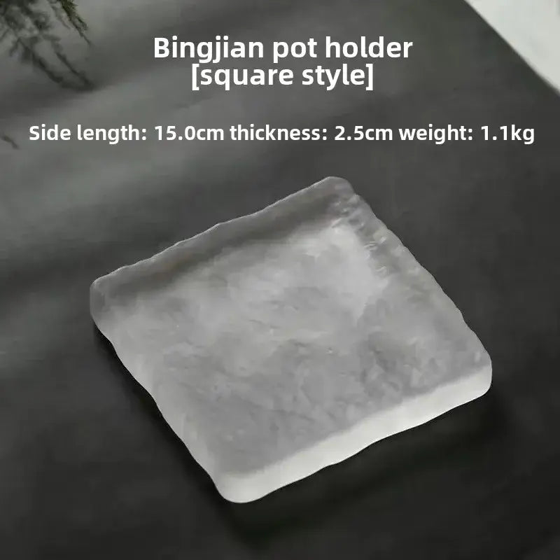 Square-shaped bingjian pot holder with frosted white ceramic finish and irregular edges for crystal glass coaster use