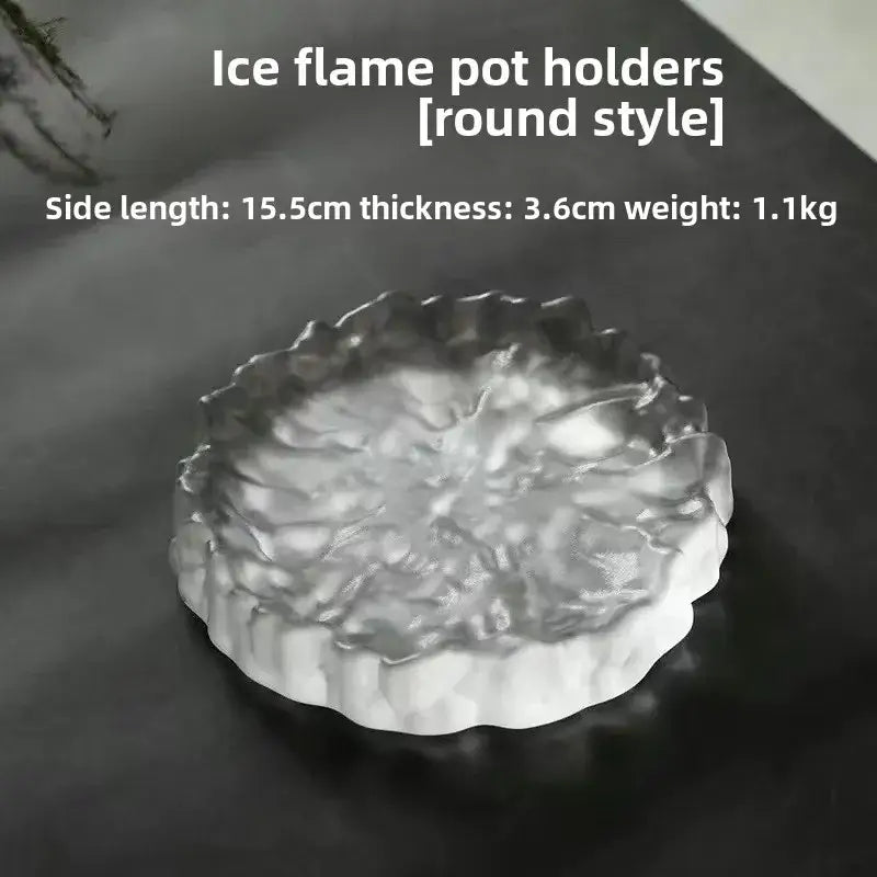 Round translucent ice-blue resin pot holder with flame-like texture used as crystal glass coaster and jewelry display panel