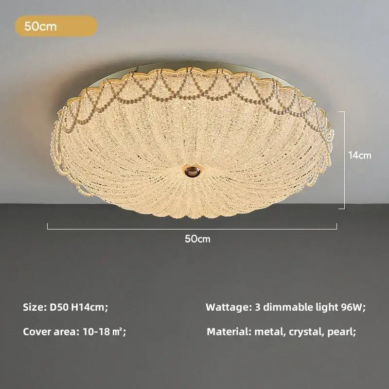 A scalloped gold crystal dimmable led ceiling light featuring intricate crystal and pearl embellishments for bedroom decor