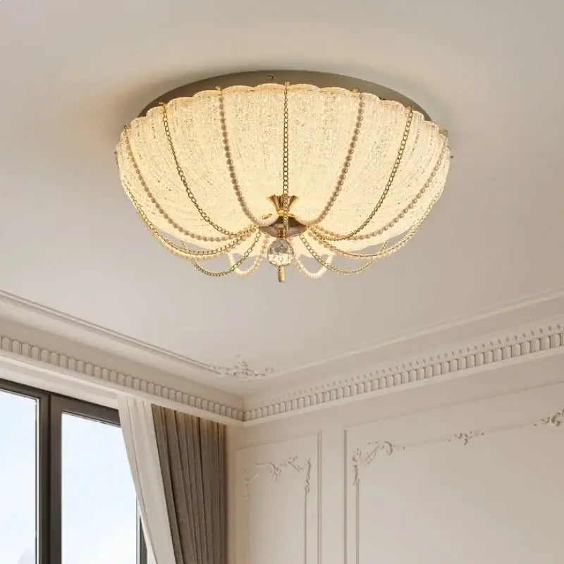 Scalloped gold crystal dimmable led ceiling light with textured glass shade and dangling crystals for bedroom decorbites ceiling light