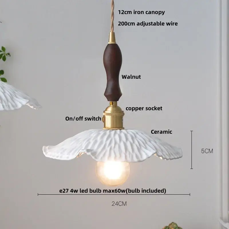Scalloped white ceramic led pendant lamp with dark walnut wooden handle and brass socket for dining room decorbites ceramic led