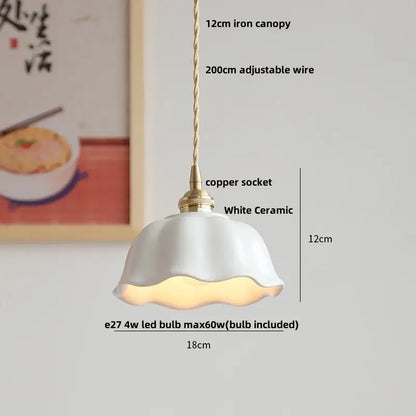 Scalloped white ceramic led pendant lamp with fluted petal design and brass socket for dining room decorbites ceramic led