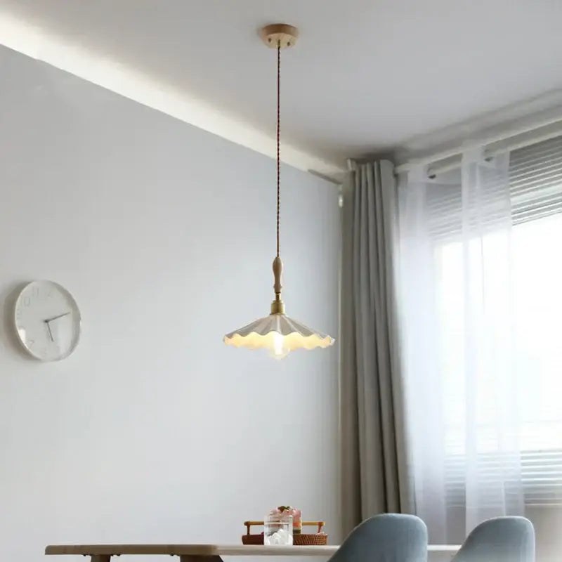 A cream scalloped ceramic led pendant light with dark cord and wooden fixture for bedroom decorbites ceramic led pendant