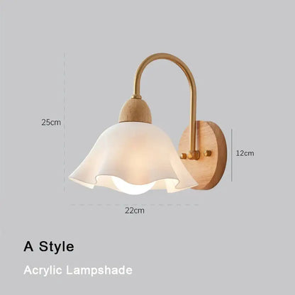 Scandinavian brass and cream led wooden wall lamp with off-white acrylic ruffled shade for bedroom decorbites cream led
