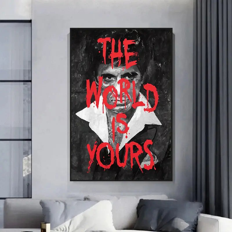 Black and white tony montana canvas wall art with bold red graffiti text the world is yours by decorbites