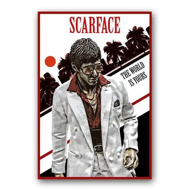 Scarface tony montana canvas wall art print featuring stylized character in white suit with red accents and palm trees backdrop