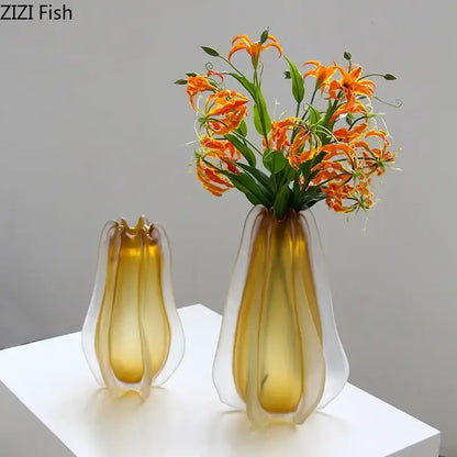 Translucent amber glass vase with sculpted petal design for living room decor featuring decorbites carambola glass vase