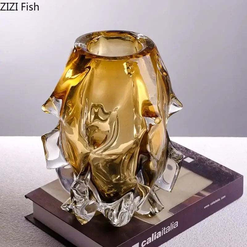 Sculpted amber glass vase with textured organic design and clear crystal accents for living room decorbites amber glass decor