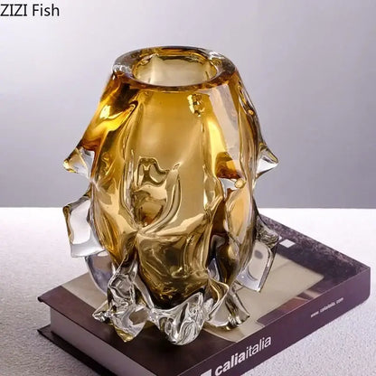 Sculpted amber glass vase with textured organic design and clear crystal accents for living room decorbites amber glass decor