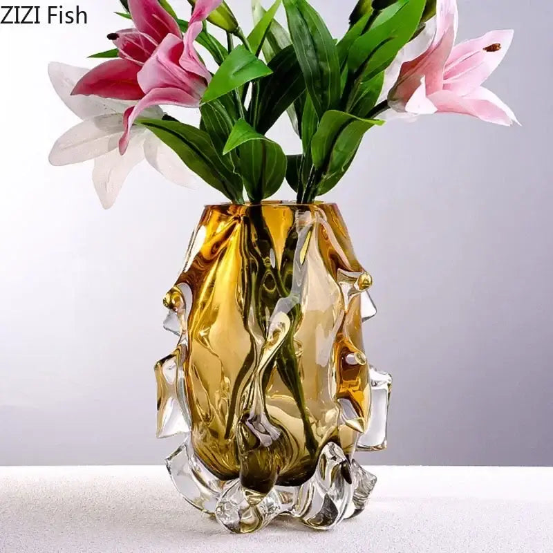 Golden sculpted amber glass vase with textured surface and clear crystal base for decorbites amber glass decorbites amber