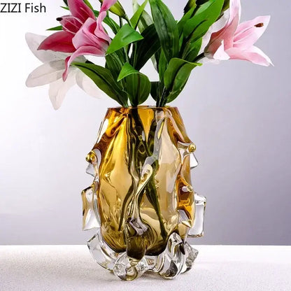 Golden sculpted amber glass vase with textured surface and clear crystal base for decorbites amber glass decorbites amber