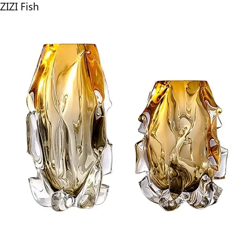 Sculpted amber glass vase with textured organic design and clear crystal base for living room decorbites amber glass decor