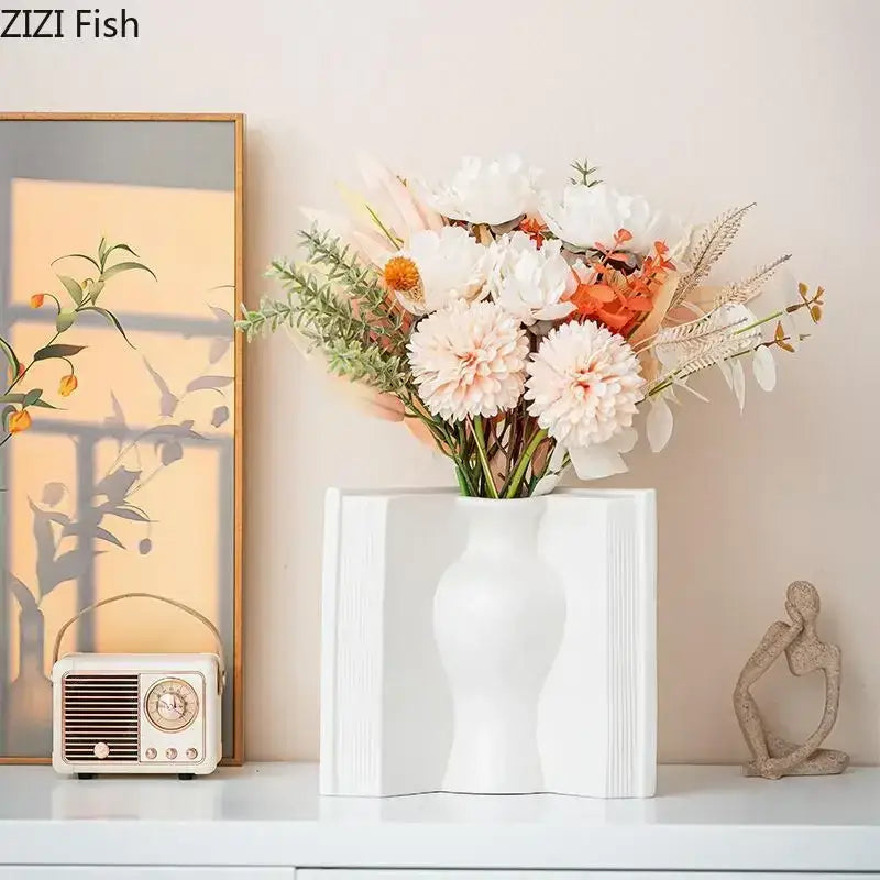White ceramic vase with sculpted book design and glossy finish for decorbites creative flowers desk decoration