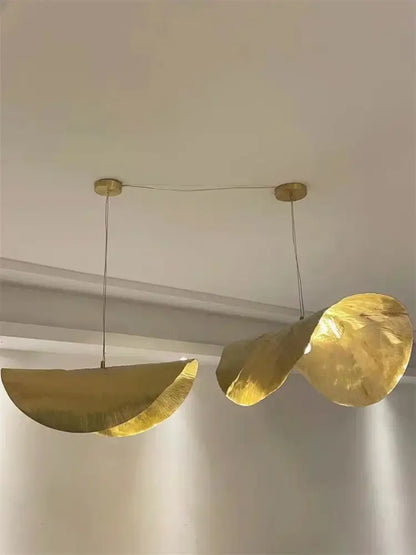 Golden brass lotus leaf chandelier with hammered metal finish pendant lights for elegant dining room decorbites brass lotus