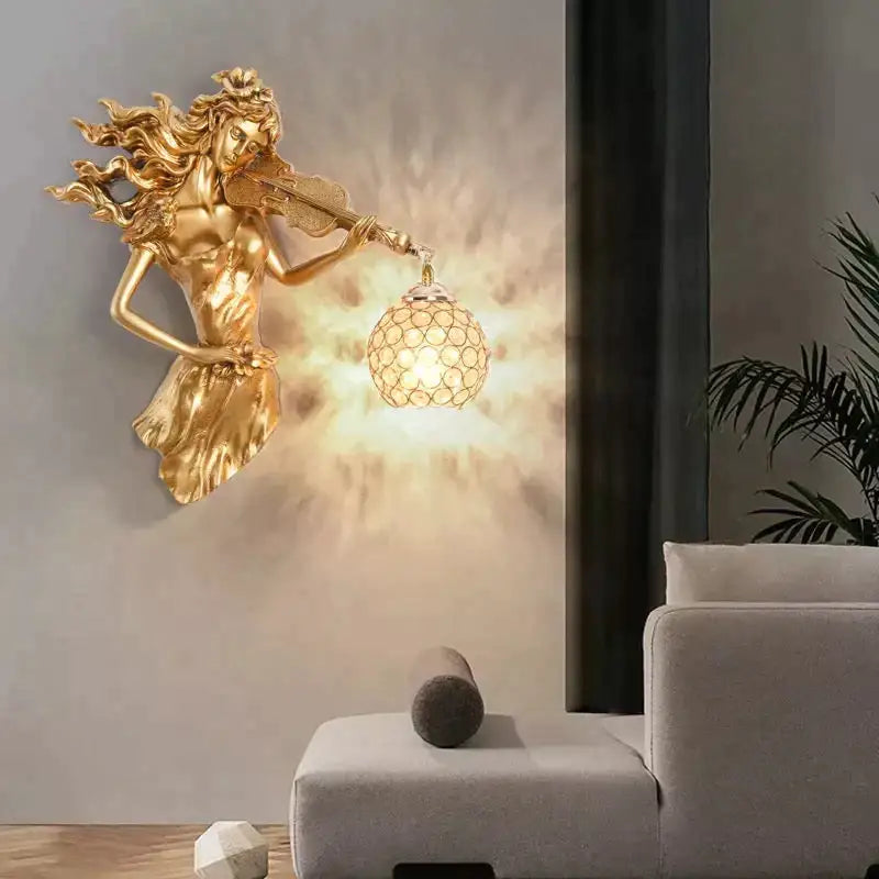 Sculptural gold violinist crystal wall lamp with ornate spherical lampshade for living room decor wall sconce