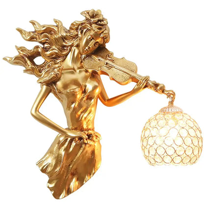 Golden figurine wall lamp of a woman playing violin with an ornate crystal globe crystal wall lamp sconce for living room