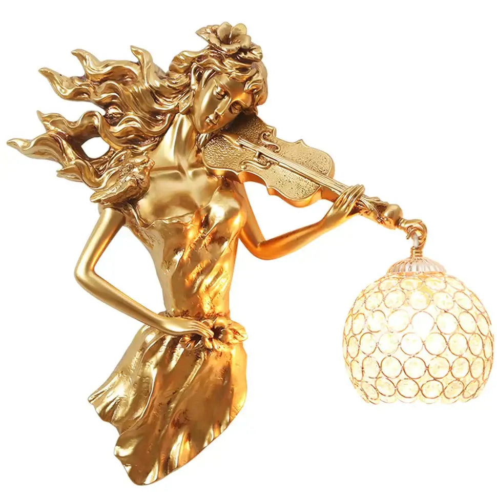 Golden figurine wall lamp of a woman playing violin with an ornate crystal globe crystal wall lamp sconce for living room