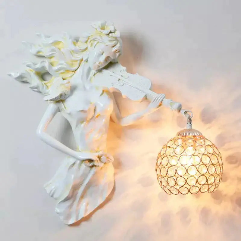 White ceramic sculptural gold violinist wall lamp with crystal spherical lampshade for living room decor crystal wall lamp