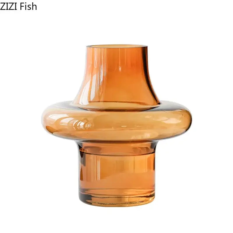 Sculptural tiered amber glass vase with smooth curves and flared neck for living room decor featuring decorbites amber glass