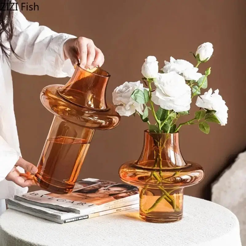 Sculptural tiered amber glass vase by decorbites featuring a distinctive design ideal for living room decor