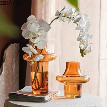 Sculptural tiered decorbites amber glass vase with modern smooth rounded contours for living room decor