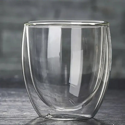 Set of 3 clear double wall glass cup tumblers with rounded rims and sturdy bases for kitchen and dining use