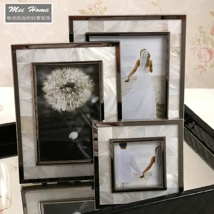 Set of 3 elegant photo frames with golden alloy shell silver borders and mother-of-pearl panels for bedroom decor