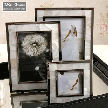 Set of 3 elegant photo frames with golden alloy shell silver borders and mother-of-pearl panels for bedroom decor