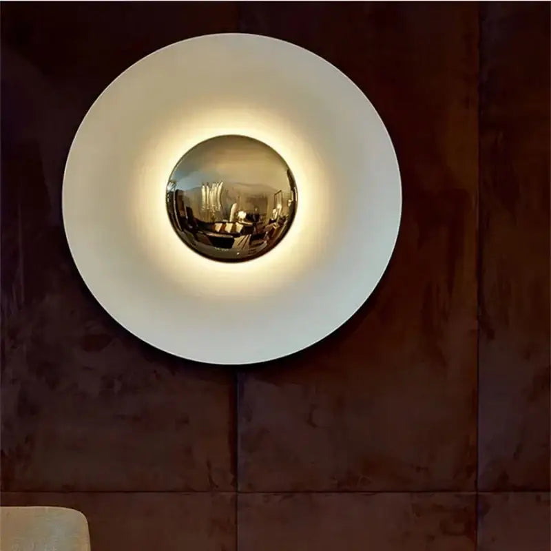 Modern wall lamp from decorbites colorful round metal set with white circular shade and gold spherical center for bedroom
