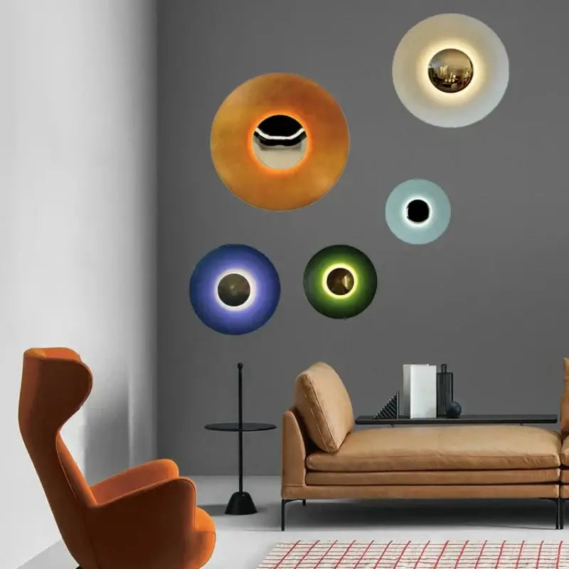 Set of 5 decorbites colorful round metal led wall lamps with glowing glass shades and metallic centers for bedroom use