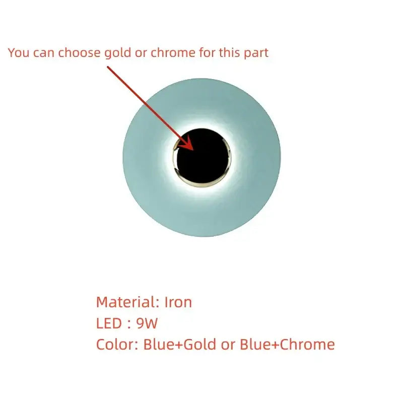 Blue circular iron wall lamp with a gold accent ring from decorbites colorful round metal LED bedroom set