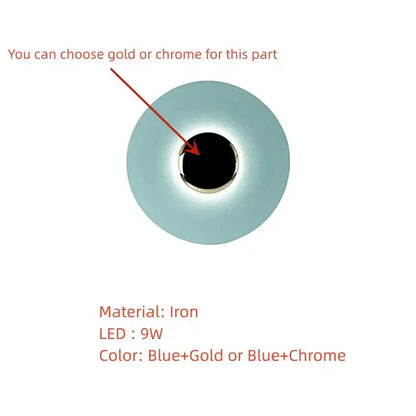 Blue circular iron wall lamp with a gold accent ring from decorbites colorful round metal LED bedroom set