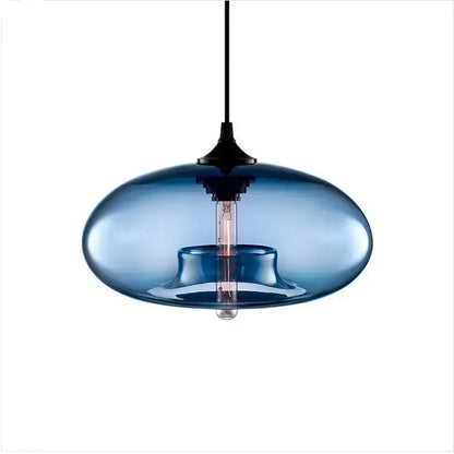 Blue glass pendant light with sleek modern design and exposed filament bulb in decorbites colorful glass pendant set