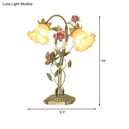 Shabby chic green rose table lamp with three warm glass shades and ornate metalwork compatible with led incandescent fluorescent 220v-240v 110v-120v