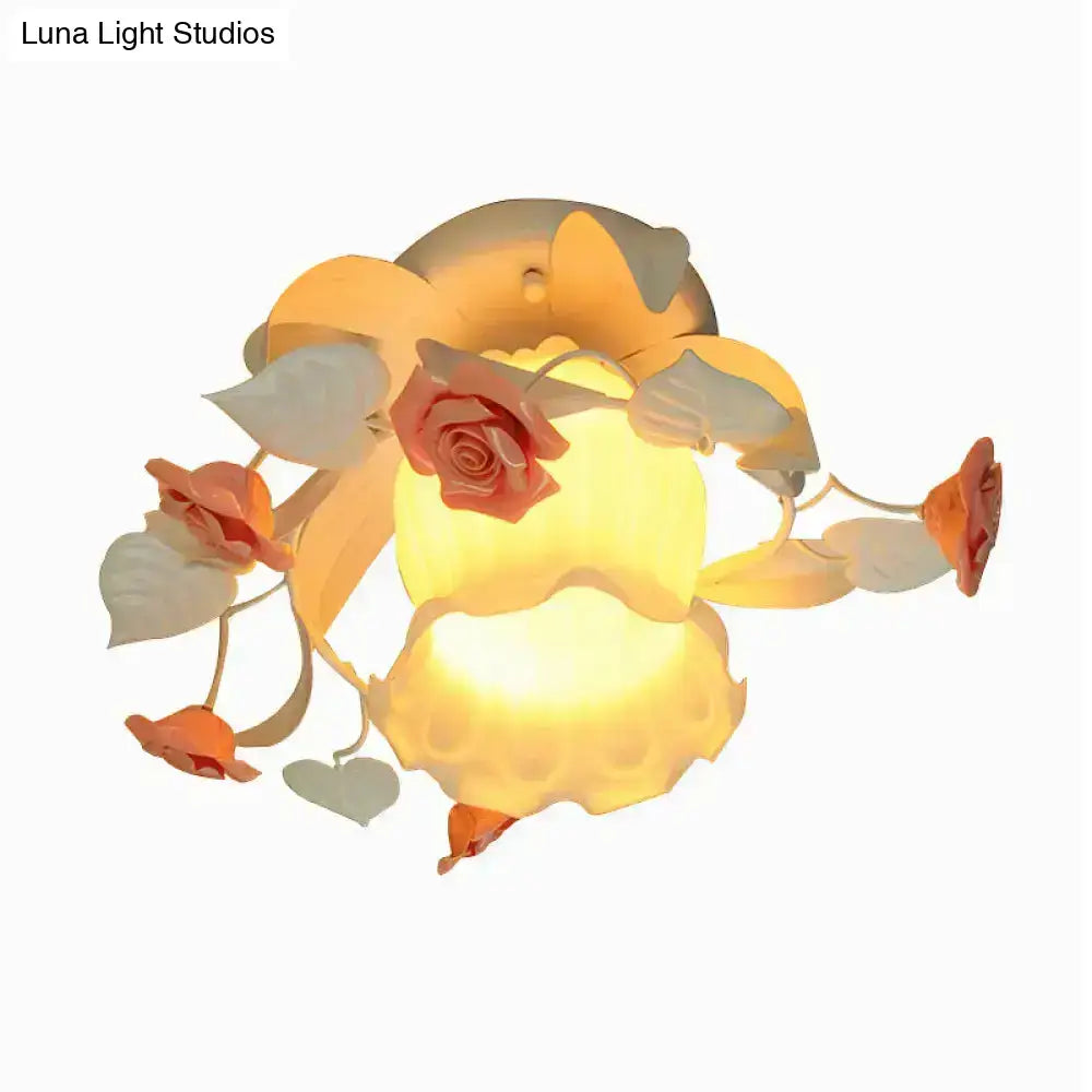 Decorbites korean garden ruffle semi flush mount lamp with warm-toned shabby chic floral accents and frosted glass, 110v-120v 220v-240v compatible