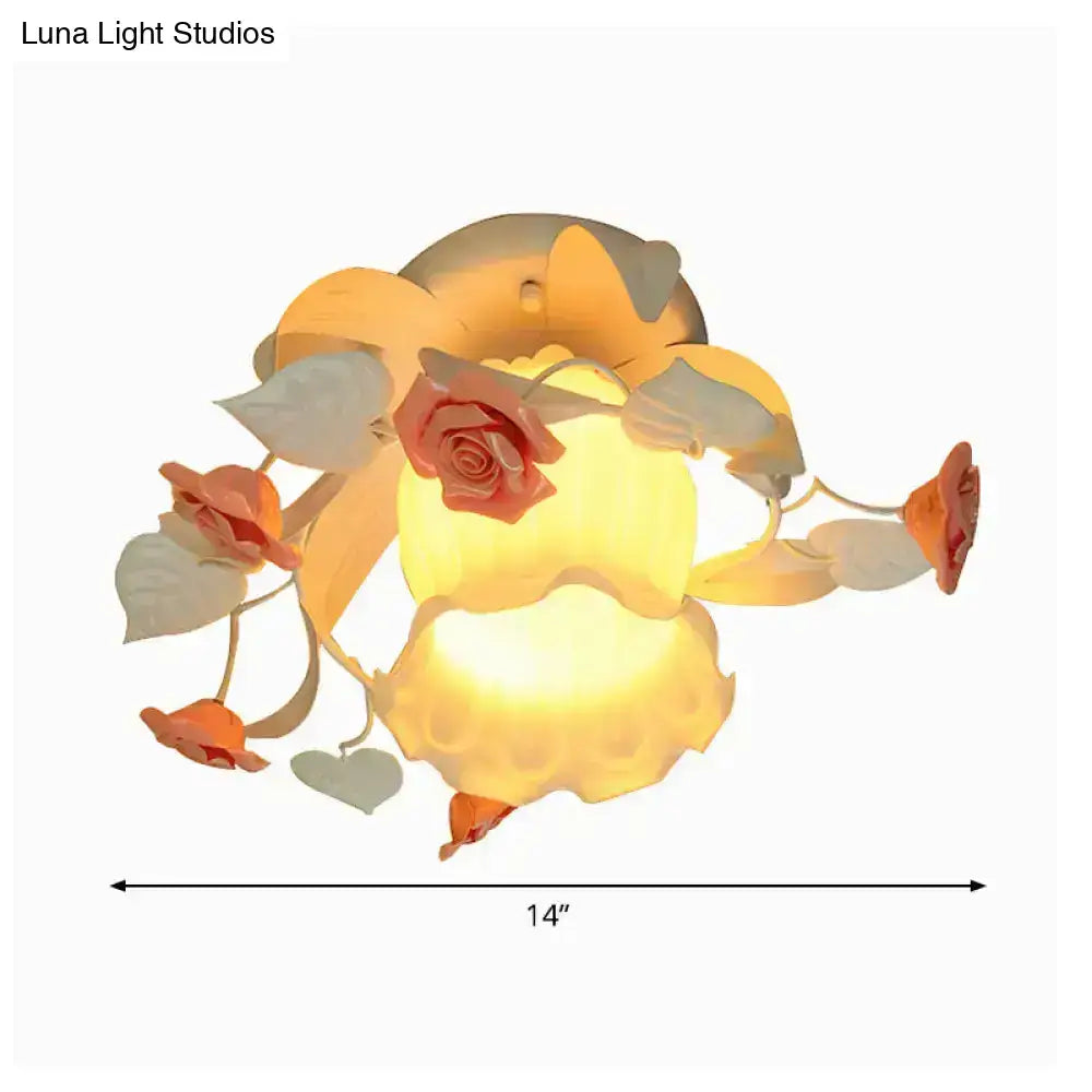 DecorBites™ Korean Garden ruffle semi flush mount lamp with shabby chic orange red rose floral motif white frosted glass 220v-240v 110v-120v