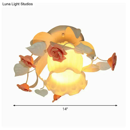 DecorBites™ Korean Garden ruffle semi flush mount lamp with shabby chic orange red rose floral motif white frosted glass 220v-240v 110v-120v