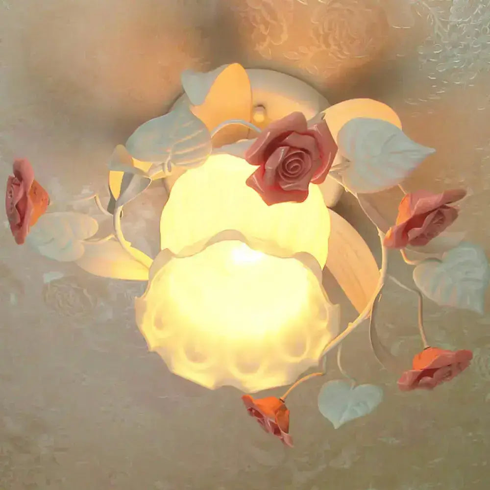 Decorbites korean garden ruffle shabby chic ceiling lamp with pink roses and frosted glass for 110v-120v and 220v-240v