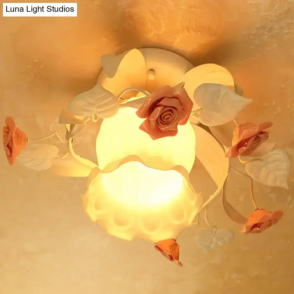DecorBites™ Korean Garden ruffle semi flush mount lamp with sculpted shabby chic roses in white frosted glass, 220v-240v