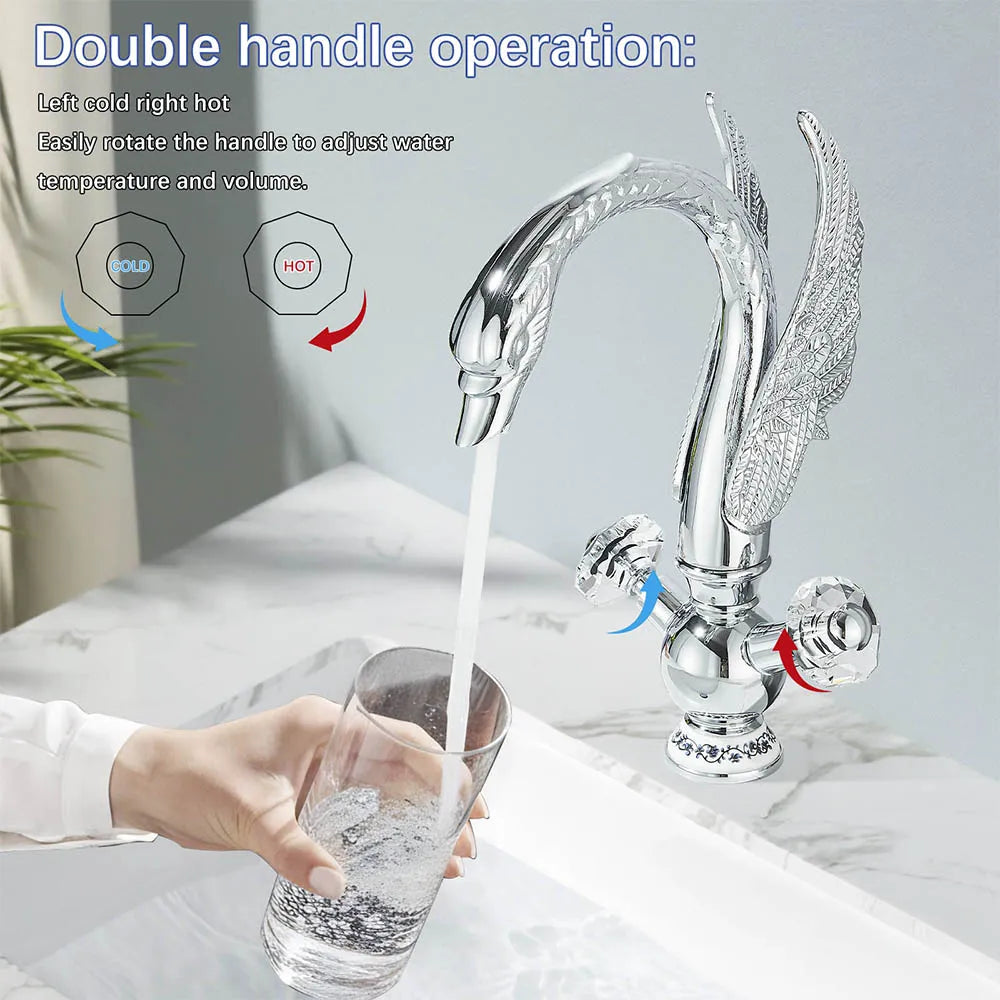 Chrome finished swan shaped deck mounted single hole bathroom faucet with ornate wings and crystal knobs for cold water control