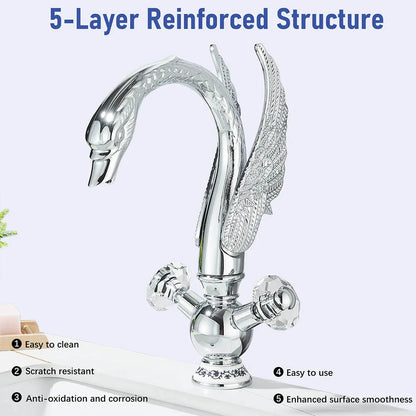 Chrome-finished deck mounted swan faucet with ornate wing detailing and crystal handle for hot and cold water use