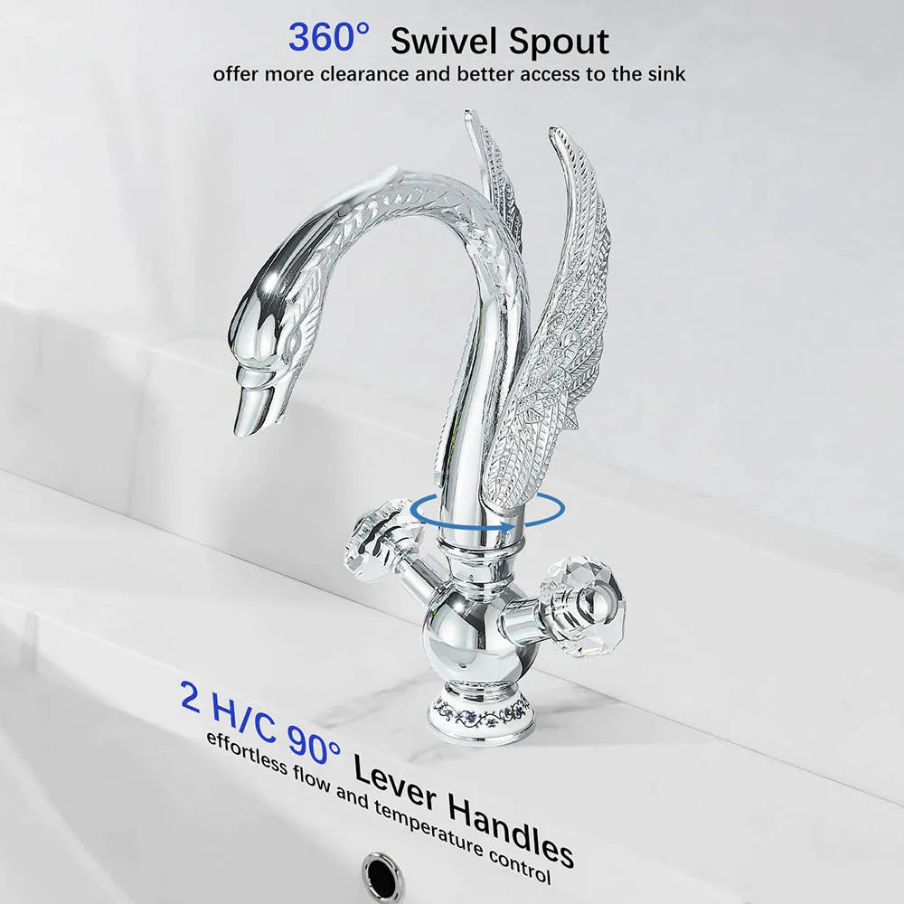 Chrome-finished swan-shaped deck mounted bathroom faucet with ornate wings and crystal handles for cold water use