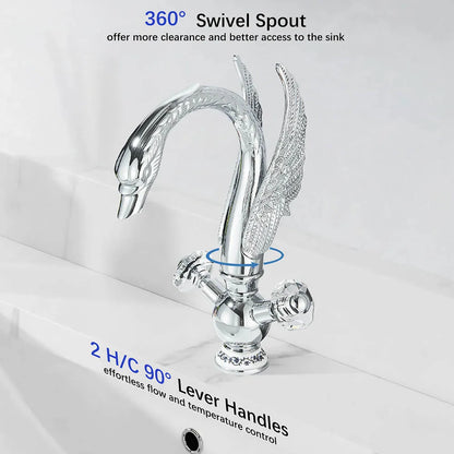 Chrome-finished swan-shaped deck mounted bathroom faucet with ornate wings and crystal handles for cold water use