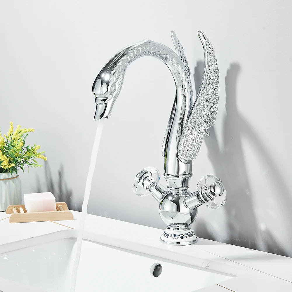 Shbshaimy luxury europe style deck mounted swan faucet with chrome finish, ornate wings, and crystal handle for cold water