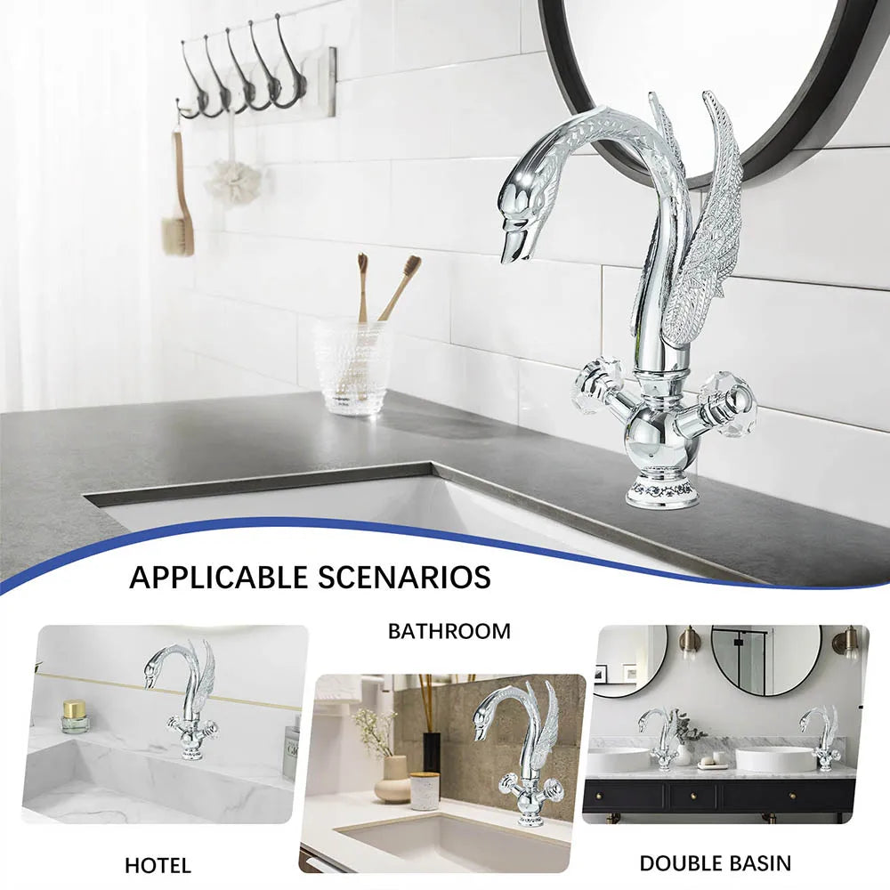 Shbshaimy luxury europe style deck mounted swan faucet in chrome with intricate feathers and crystal handle for cold water
