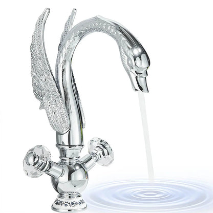 Chrome finished swan-shaped single hole deck mounted bathroom faucet with cold water crystal handles and engraved wings