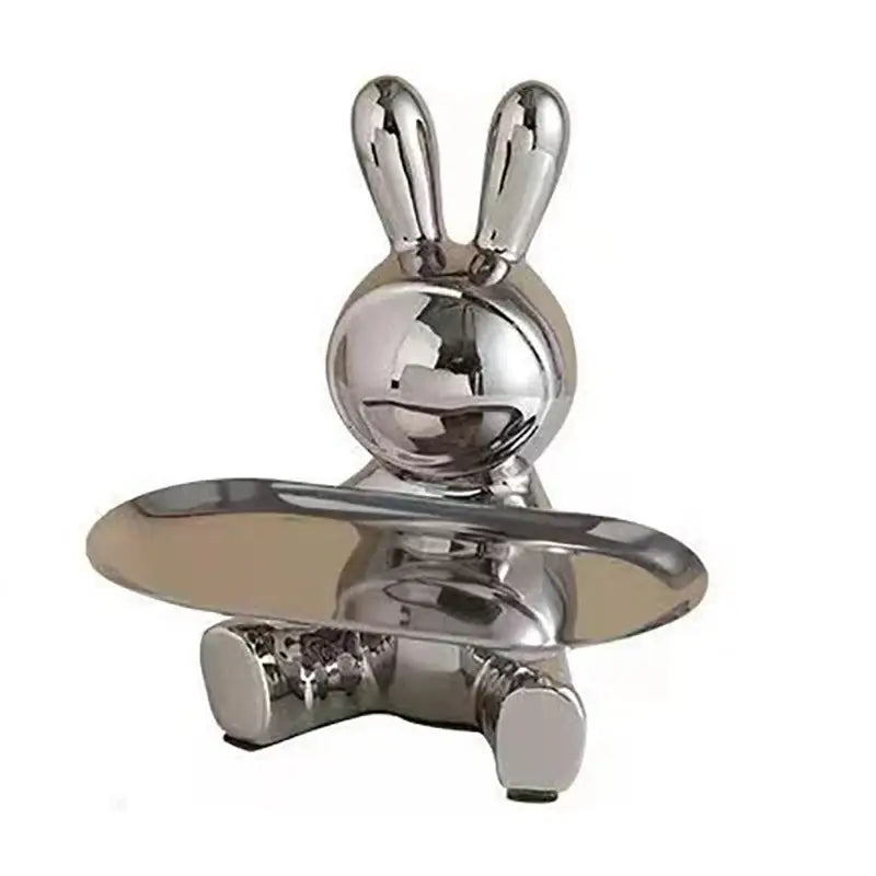 Shiny chrome minimalist rabbit figurine storage box with smooth reflective surface decorbites colorful rabbit tray