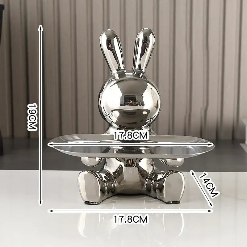 Shiny silver ceramic colorful rabbit storage box with flat tray for living room decorbites colorful rabbit tray